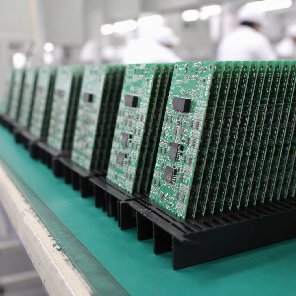 Boards in ESD trays staged for packaging