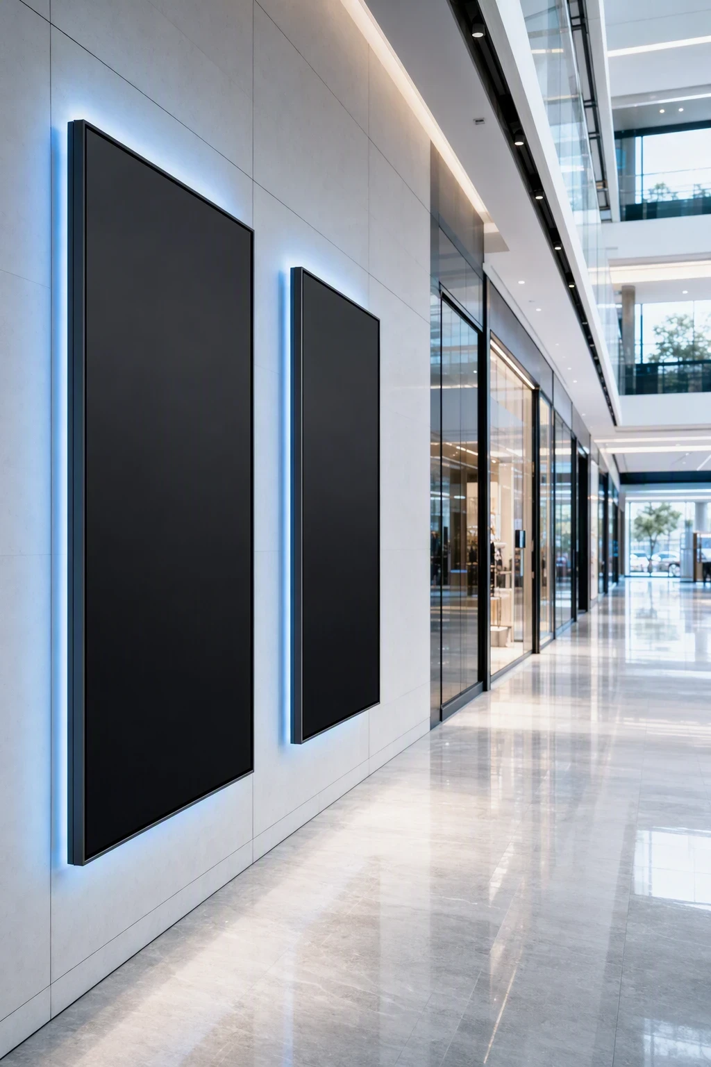 Digital signage display wall in a commercial atrium