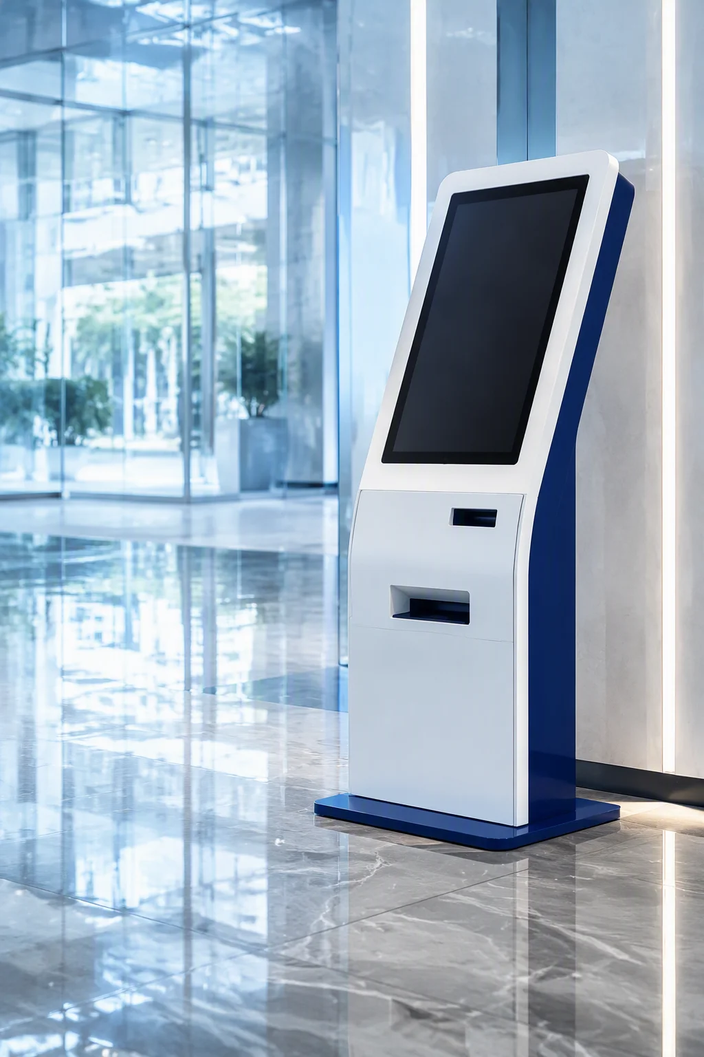 Self-service kiosk terminal in a retail lobby